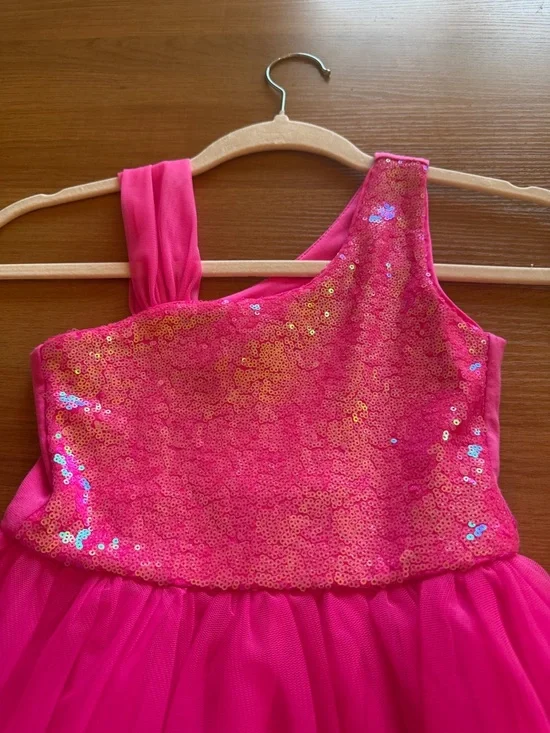 Cat & Jack Hot Pink Sequin One-Shoulder Tulle Dress - Picture 2 of 3